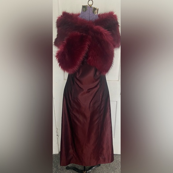Vintage Ann Taylor Loft Burgundy Strapless Dress,  Faux Fur Stole &Heart Glasses - Picture 1 of 16